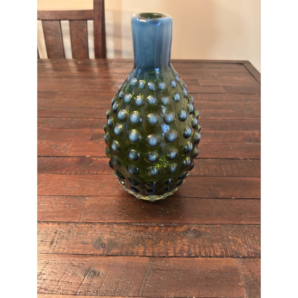 Dynasty Gallery Art Glass Vase Green Blue Hobnail Bubble Handcrafted 9 Inch